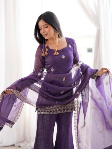 Women's Purple Crunchy Silk Embroidered Kurta With Sharara and Dupatta