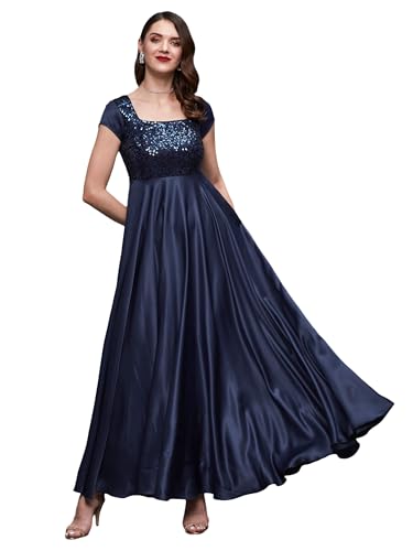 Miss Chase Women's Square Neck Short Sleeve Embellished Polyester Fit & Flare Maxi Dress (MCAW22D99-88-BCF-07, Maqui Blue, 2XL)