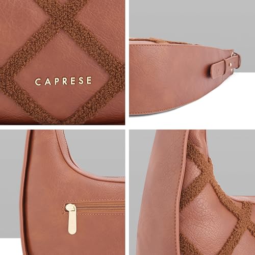 Caprese Athena Medium Hobo Bag for Women | Stylish Shoulder Bag with Plush Chenille Embroidery with Secure Zip Closure | Multi-Compartment Designer Handbag for Work & Travel (Tan)