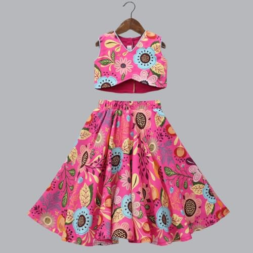 Leons Fab Vibrant Multicolour Floral Printed Pink Top And Lehenga (11-12 Years)