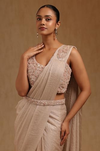 Soch Womens Light Grey Organza Solid Ready To Wear Saree