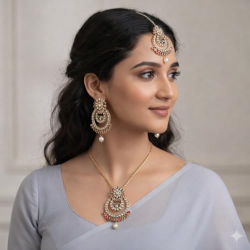 Silver Tone Traditional Necklace Set with Earrings & Maang Tikka for Women | Wedding, Festive and Ethnic Indian Jewellery Set (Multicolor - 2)