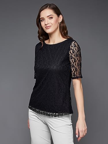 Miss Chase Women's Round Neck Half Sleeves Basic Lace Crop Top (MCAW25TP98-56-NOB-02, Obscura Black, XS)