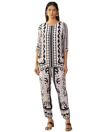 Pinkmint Women's Pure Crepe Black & White Printed Co Ord Set l Fancy Tunic with Straight Pants l Monocharome Ethnic Co Ord Set, Casual & Outdoor Wear (Available in Plus Size)