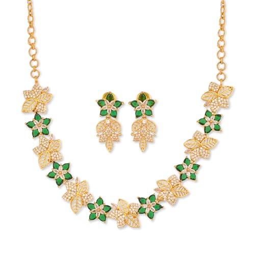ZYRA JEWELS Floral Choker Necklace Set and Earrings, American Diamond & Austrian Zircon Studded Micro Gold Plated Antique Polished Jewellery Set For Women and Girls (Emerald Green)