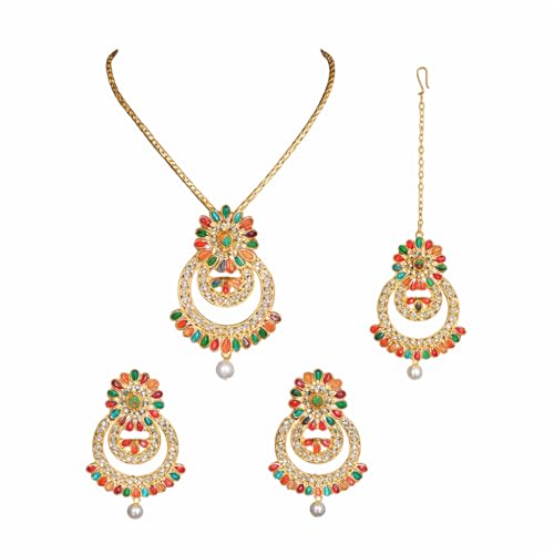 Silver Tone Traditional Necklace Set with Earrings & Maang Tikka for Women | Wedding, Festive and Ethnic Indian Jewellery Set (Multicolor - 2)