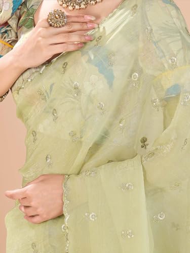 AKHILAM Women's Light Green Tissue Sequins Work Saree With Unstitched Blouse Piece (RANI2601_RN)