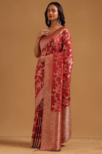 Soch Womens Onion Pink Crepe Botanical Zari Woven Saree