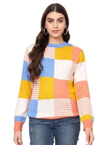THE DRY STATE Womens Full Sleeves Round Neck Acrylic Colourblock Pullover Sweater