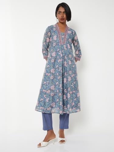 Max Women Floral Print Kurta Set (Blue_XL)