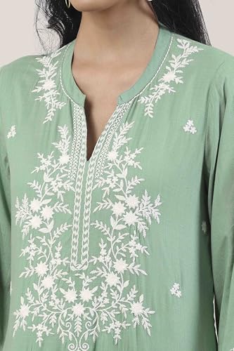 BIBA Women Green Viscose Rayon Straight Suit Set_36