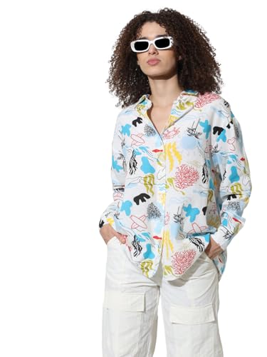ONLY Women Printed Viscose White Oversized Shirt