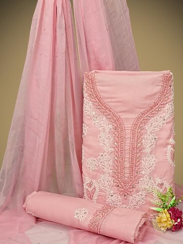 Ada Hand Embroidered Lucknowi Chikankari Unstitched Cotton Dress Material Suit Piece with Dupatta for Women with Muqaish Work 01A669328 Pink