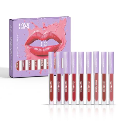 Love Earth Liquid Mousse Lipstick 3.O Matte Finish Combo Kit | Lightweight, Non-Sticky, Non-Drying,Transferproof, Waterproof Lipstick Set | Multicolor Mini Liquid Lipstick - (2Ml X 9) 18Ml