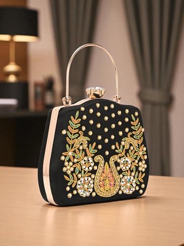 TOOBA Handicraft Beautiful Bling Box Clutch Bag Purse for Bridal, Wedding Bag for Women & Girls Black