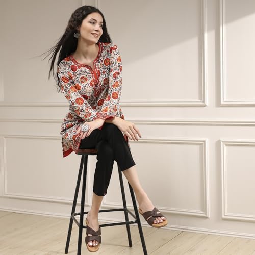 Biba Women Off White-Red Polyester Straight Printed Kurti_42