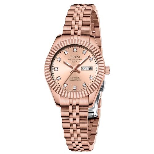 NIBOSI Watches for Woman Analog Quartz Stainless Steel Diamond Rose Gold Green Small Dial Women Watches Classic Wrist Watch Date Waterproof (A06-Rose Gold)