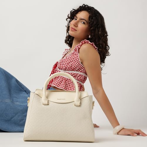Fastrack Ivory Gridelle Satchel Handbag for Women | Premium Faux Leather Weave Design | White Structured Satchel with Zipper Closure | Dual Compartment with Organizer Pockets