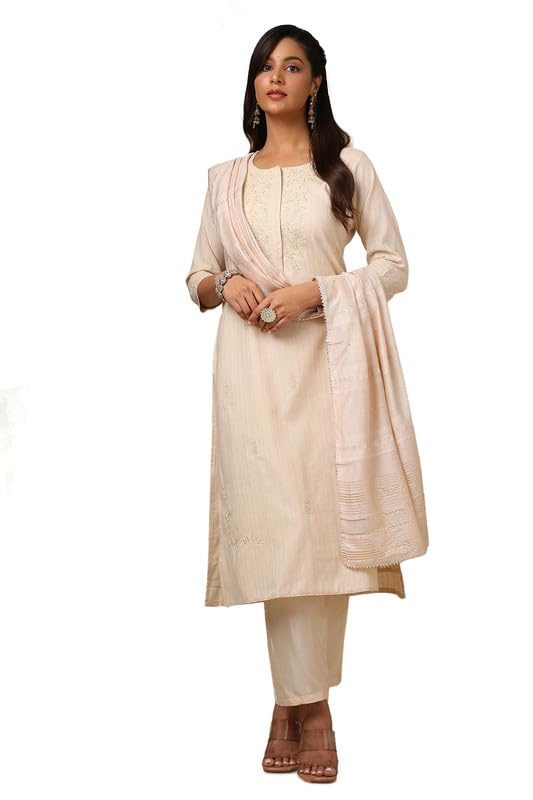 Soch Womens Beige Embroidered Cotton Flex Suit Set With Sequins