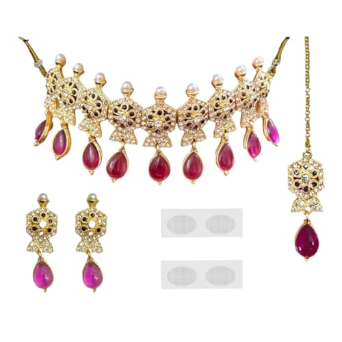 ACCESSHER Stunning Gold Plated Pink Choker Set with Earrings and Maang Tikka with a Pair of Transparent Earring & Maangtikka Supporter Patch | For Women & Girls