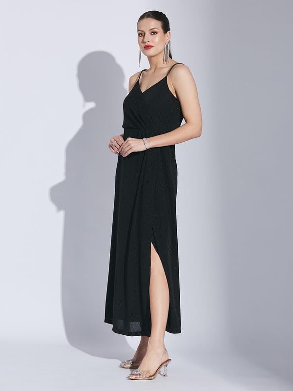 Latin Quarters Women Black V-Neck Sleeveless Solid Dress_S