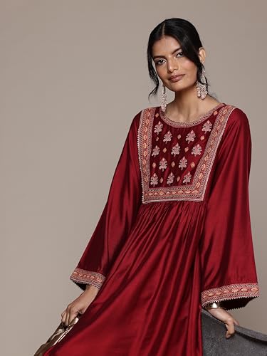 Aarke Ritu Kumar Round Neck Full Sleeve Solid with Embroidery Dress Red