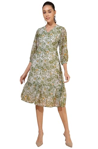 Janasya Women's Olive Georgette Floral Printed A-Line Dress(JNE4347-DR-S)