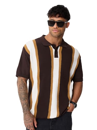 The Souled Store: Jacquard Polo Chestnut Men and Boys Short Sleeve Spread Collar Dark Brown Jacquard Knit Vertical Stripe Pattern Cotton Regular Fit Casual Everyday Polo Shirts