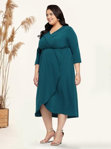wild U Women Plus Size Casual Midi Dress | Wrap | Long Sleeve | Comfort fit | Long | Western Stylish (Green, Size 5XL)