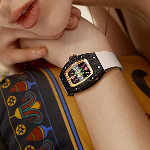 FEICE Women's Automatic Wrist Watch Fashion Skeleton Mechanical Watch with Carbon Fiber Strap Luminous Waterproof Wristwatch for Ladies FM606 (Black&White)