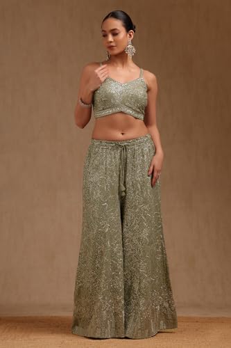 Soch Womens Sap Green Georgette Embroidered Co-Ord Set With Mirror Work