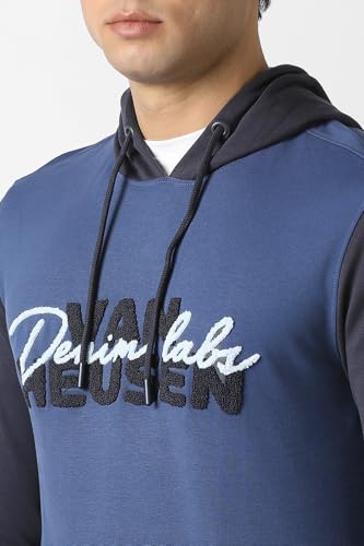 Men Blue Embroidered Hooded Neck Sweatshirt