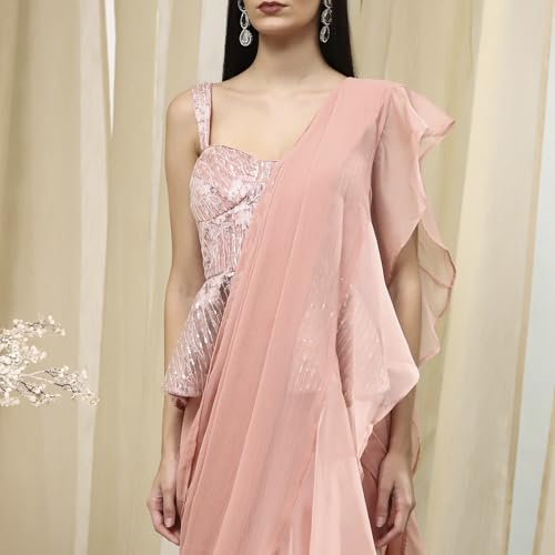 BIBA Women Nude-Colored Peplum Pre-Draped Saree_32