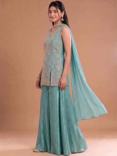 Varanga Women Sea Blue A Line Kurta Palazzos Set V Neck Sleeveless Chinon