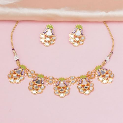 VOYLLA Festive Hues Enamelled Mirror Details Gold Plated Choker Jewellery Set For Women, Jewellery Set For Women, Womens Gift, Gift For Her