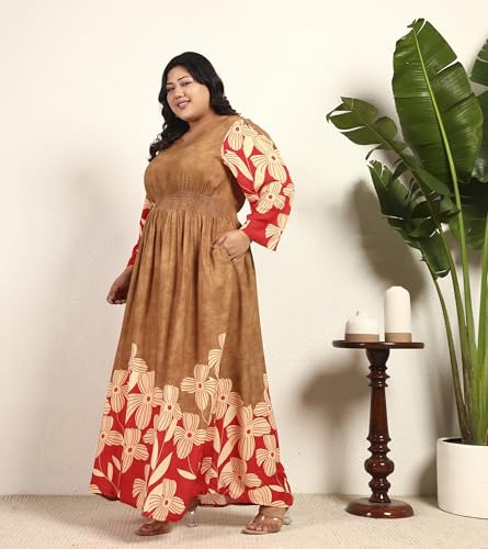DEEBACO Women's Plus Size Floral Placement Print Rayon Ankle Length Smocked A-Line Dress|3/4 Sleeve|Casual Trending Stylish Long One Piece Dresses Women Western(DBDRP00002318_3XL_Brown)