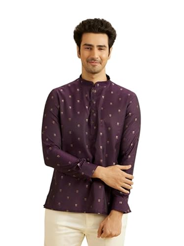 Manyavar Men's Art Silk Jacquard| Thread Work Short Kurta (Purple,XXXL)