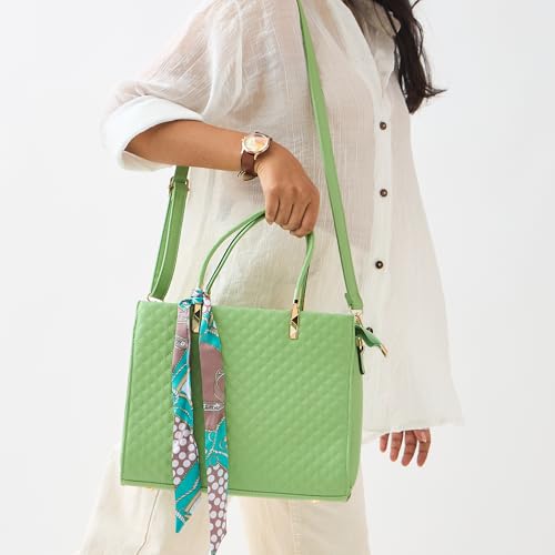 Chumbak Sage Quilted Handbag with Scarf, Sage Green, Multipurpose Hand Bag with Pouch for Shopping, Hand Held Bag for Women and Girls, Solid Colour Handbag