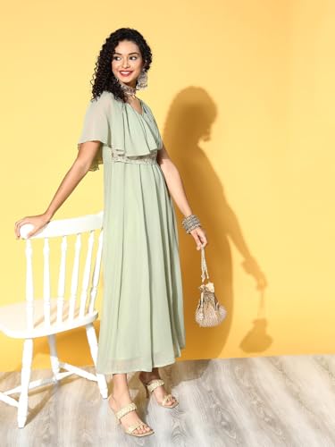 Shae by Sassafras Women's Green Drape Dupatta Anarkali Maxi Dress -S