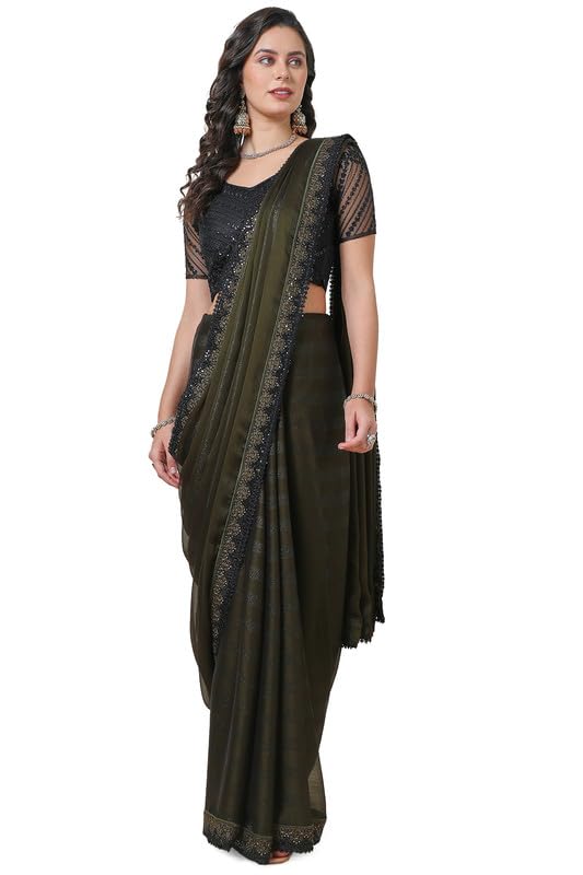 Soch Womens Olive Striped Lace Thread Work Chiffon Saree