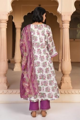 W for Woman Floral Printed Sequined Flared Chanderi Kurta with Straight Pant and Dupatta Set - Beige (WS12946-126020-XL)