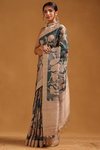Soch Womens Teal Blue Tussar Floral Printed Saree