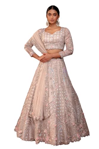 Women's Light Pink Stone Embroidered Tissue Bridal Lehenga