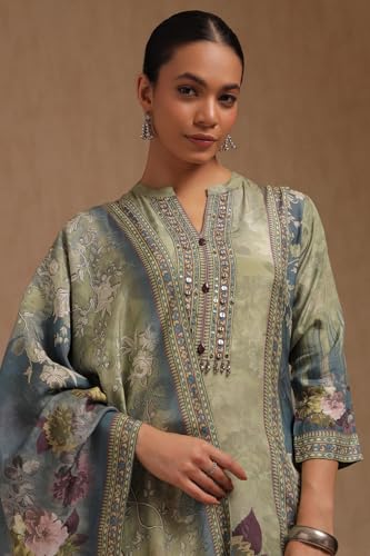 Soch Womens Olive Muslin Floral Print Suit Set With Beads