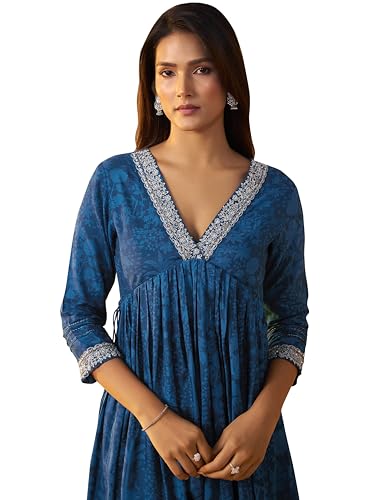 Arangya Embroidered Neckline Blue Kurta & Sequin Work Pant l Pure Cotton Flared Ethnic Wear Suit Set l Festival