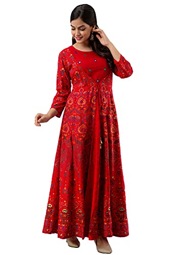 Jaipurite Women's Printed Maxi Anarkali Gown (X-Large) Red