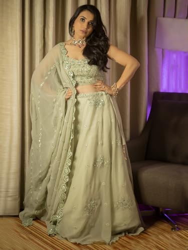 Zeel Clothing Women's Georgette Dori And Sequins Embroidered Work Semi Stitched Georgette Lehenga Choli With Dupatta (7060-Pista-Wedding-Stylish-Lehenga-Choli; Free Size), Green
