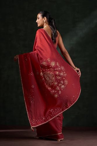 Taneira Women Red Pure Silk Cotton Embroidered Saree with Unstitched Blouse Piece (SAPP01AA1376-Red)
