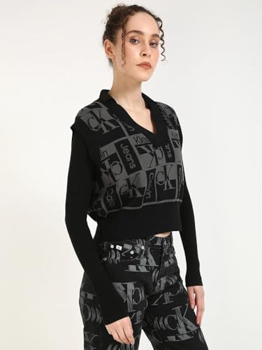 Calvin Klein Jeans Women's Wool V-Neck Pullover Sweater (J222312BEH_Ck Black