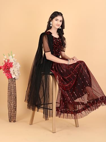 Xavima Niharika Maroon Girls Super Net Readymade Lehenga Choli Set With Dupatta Skirt Blouse Dress Outfit For Kids Event Stage Celebration School Gathering Public Program_3-4 Years